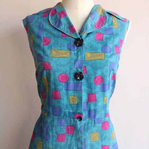 Vintage 1960s Dress, Blue Shirtwaist in Cotton, Volup Size, Geometric Shape - Picture 3 of 10